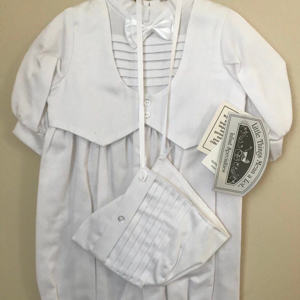 Little Things Mean a Lot Christening Baptism Coverall Sateen BowTie & Bonnet NEW